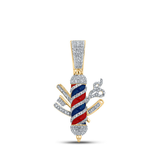 10K Yellow Gold Mens Baguette Diamond Barber Pole Charm Pendant 7/8 Cttw