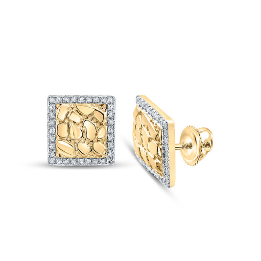 10K Yellow Gold Round Diamond Nugget Square Earrings 1/6 Cttw