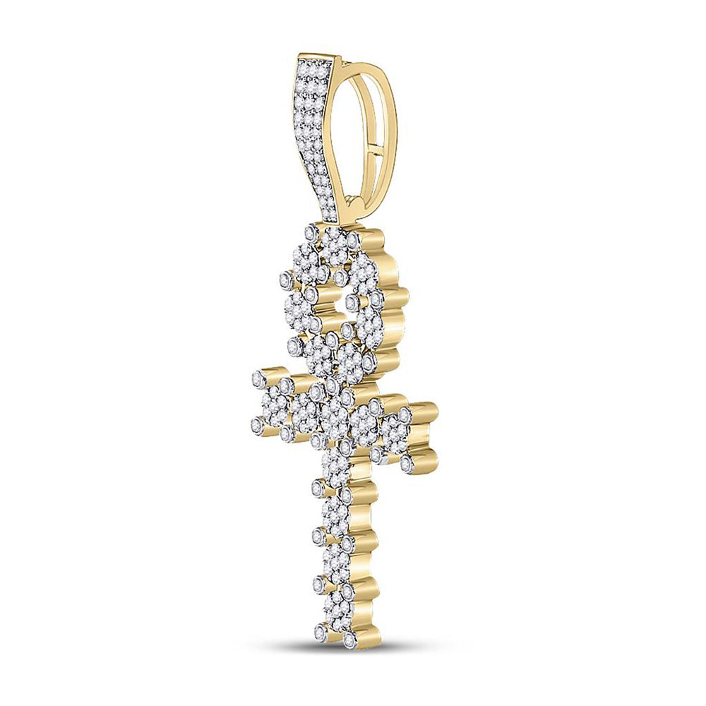 10K White Gold Mens Round Diamond Ankh Cross Charm Pendant 1 Cttw