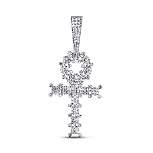 10K White Gold Mens Round Diamond Ankh Cross Charm Pendant 1 Cttw