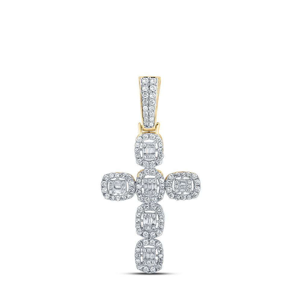 10K Yellow Gold Mens Baguette Diamond Cross Charm Pendant 1-1/3 Cttw