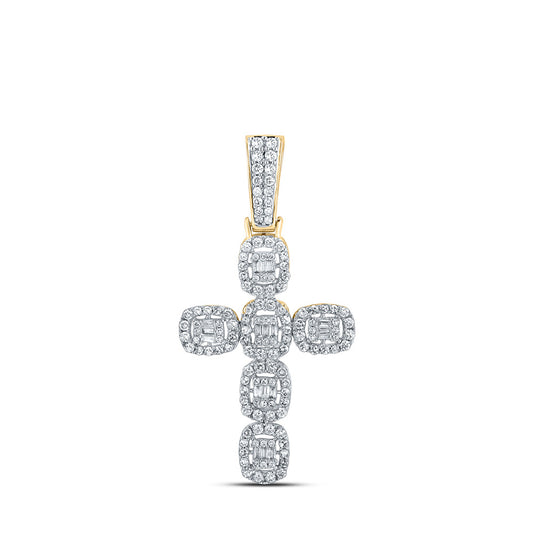 10K Yellow Gold Mens Baguette Diamond Cross Charm Pendant 1-1/3 Cttw