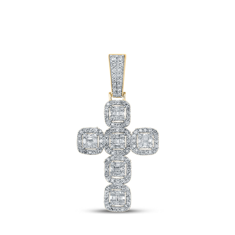 10K Yellow Gold Mens Baguette Diamond Cross Charm Pendant 1-1/3 Cttw