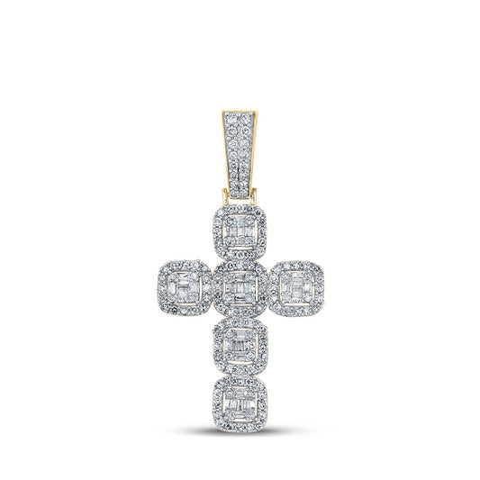 10K Yellow Gold Mens Baguette Diamond Cross Charm Pendant 1-1/3 Cttw