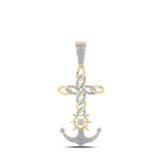 10K Yellow Gold Mens Round Diamond Anchor Cross Charm Pendant 3/8 Cttw, Length: 2.2 In, Width: 0.86 In
