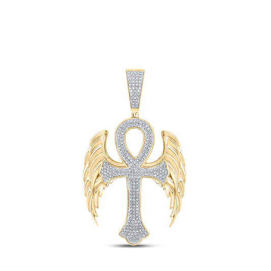10K Yellow Gold Mens Round Diamond Wing Ankh Cross Charm Pendant 5/8 Cttw