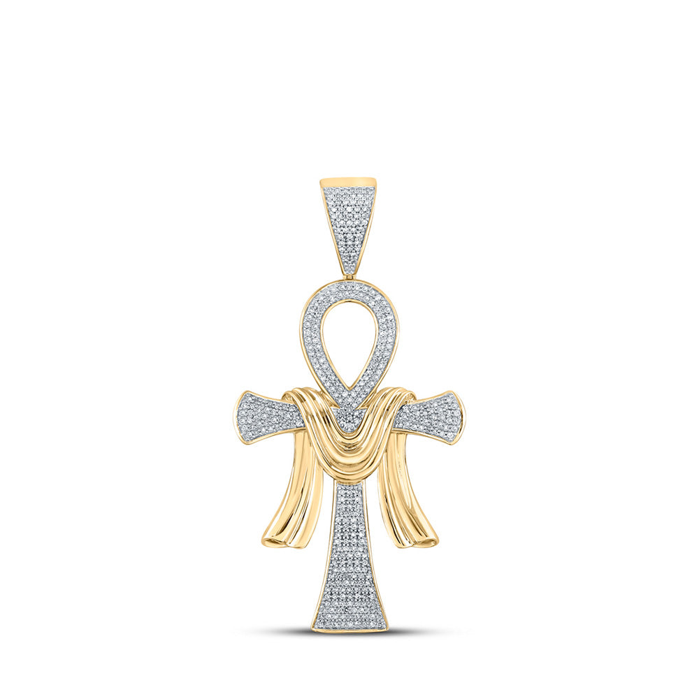 10K Yellow Gold Mens Round Diamond Ankh Cross Charm Pendant 3/4 Cttw