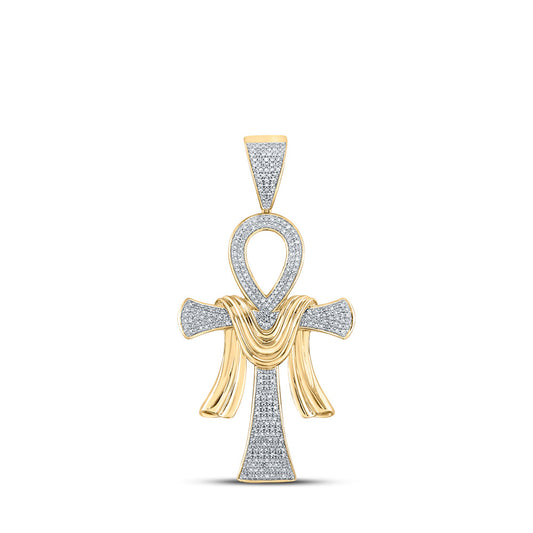 10K Yellow Gold Mens Round Diamond Ankh Cross Charm Pendant 3/4 Cttw