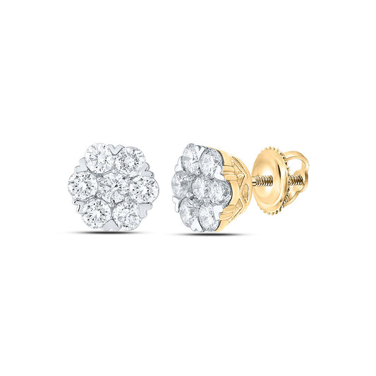 14K Yellow Or White Gold  Womens Round Diamond Flower Cluster Earrings 1-3/4 Cttw