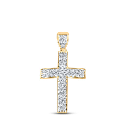 10K Yellow Gold Mens Round Diamond Cross Charm Pendant 1 Cttw