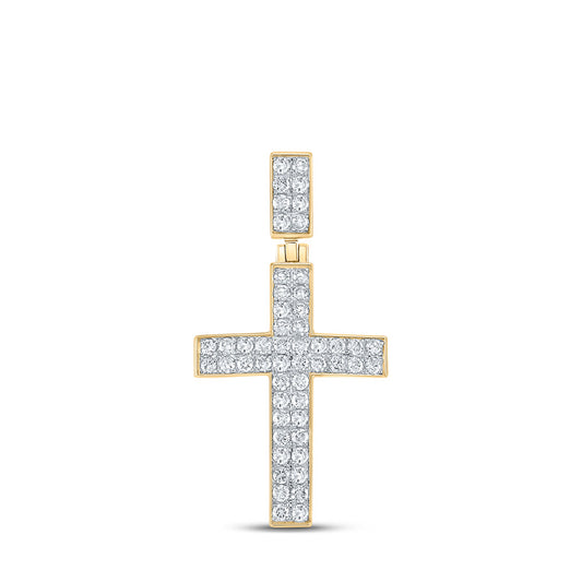 10K Yellow Gold Mens Round Diamond Cross Charm Pendant 1 Cttw, Length: 1.54 In, Width: 0.78 In