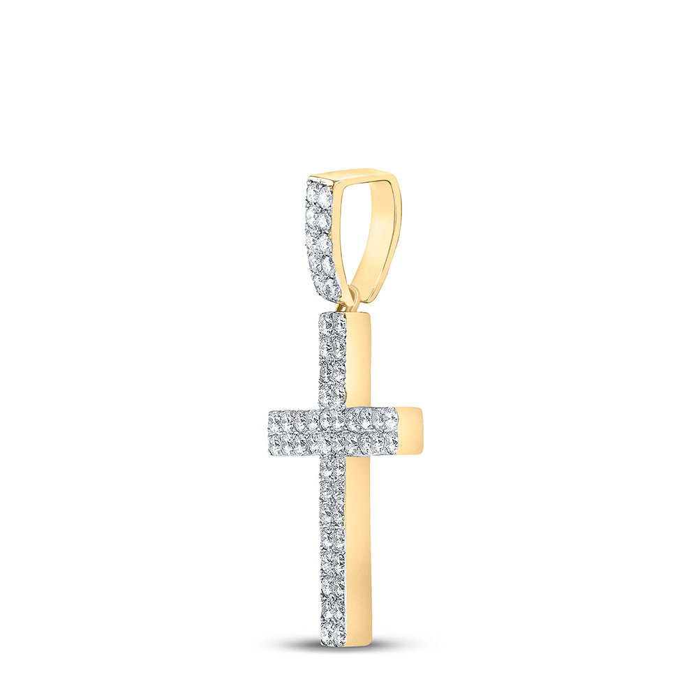 10K Yellow Gold Mens Round Diamond Cross Charm Pendant 1 Cttw