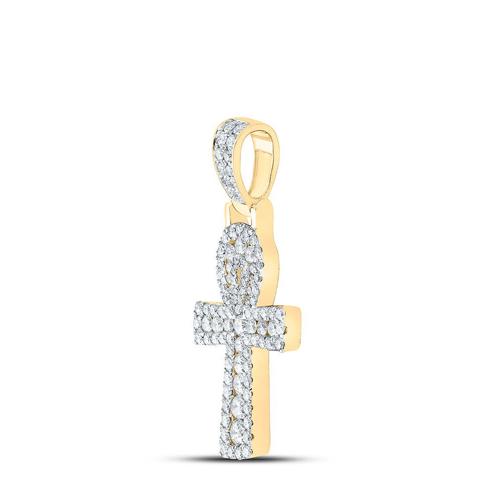 10K Yellow Gold Mens Round Diamond Ankh Cross Charm Pendant 1-3/4 Cttw