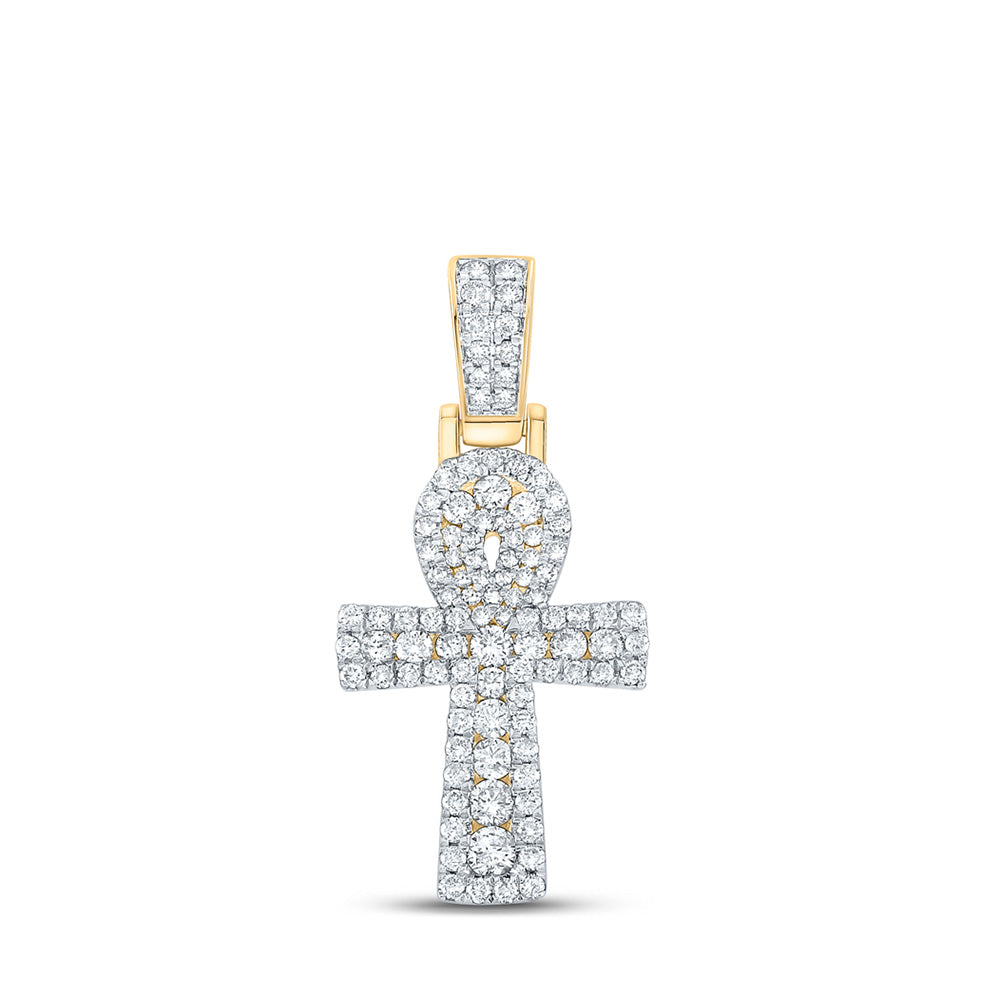 10K Yellow Gold Mens Round Diamond Ankh Cross Charm Pendant 1-3/4 Cttw
