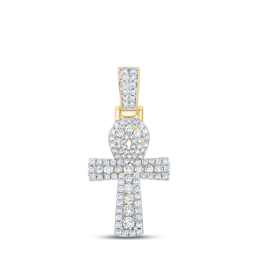 10K Yellow Gold Mens Round Diamond Ankh Cross Charm Pendant 1-3/4 Cttw