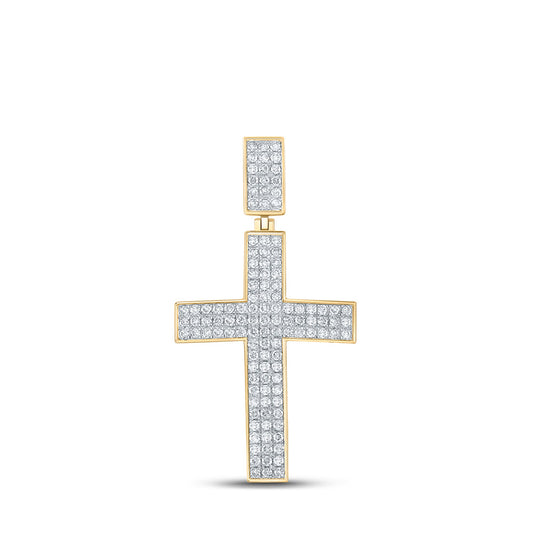 10K Yellow Gold Mens Round Diamond Cross Charm Pendant 2 Cttw, Length: 2.15 In, Width: 1.09 In