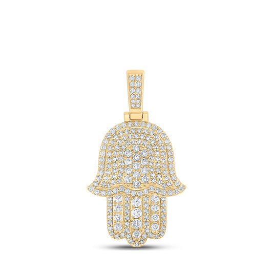 10K Yellow Gold Mens Round Diamond Hamsa Charm Pendant 2 Cttw, Length: 1.65 In, Width: 0.91 In