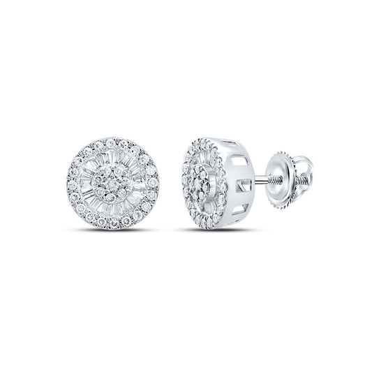 10K White Gold Womens Baguette Diamond Cluster Earrings 1/3 Cttw, Length: 0.39 In, Width: 0.38 In