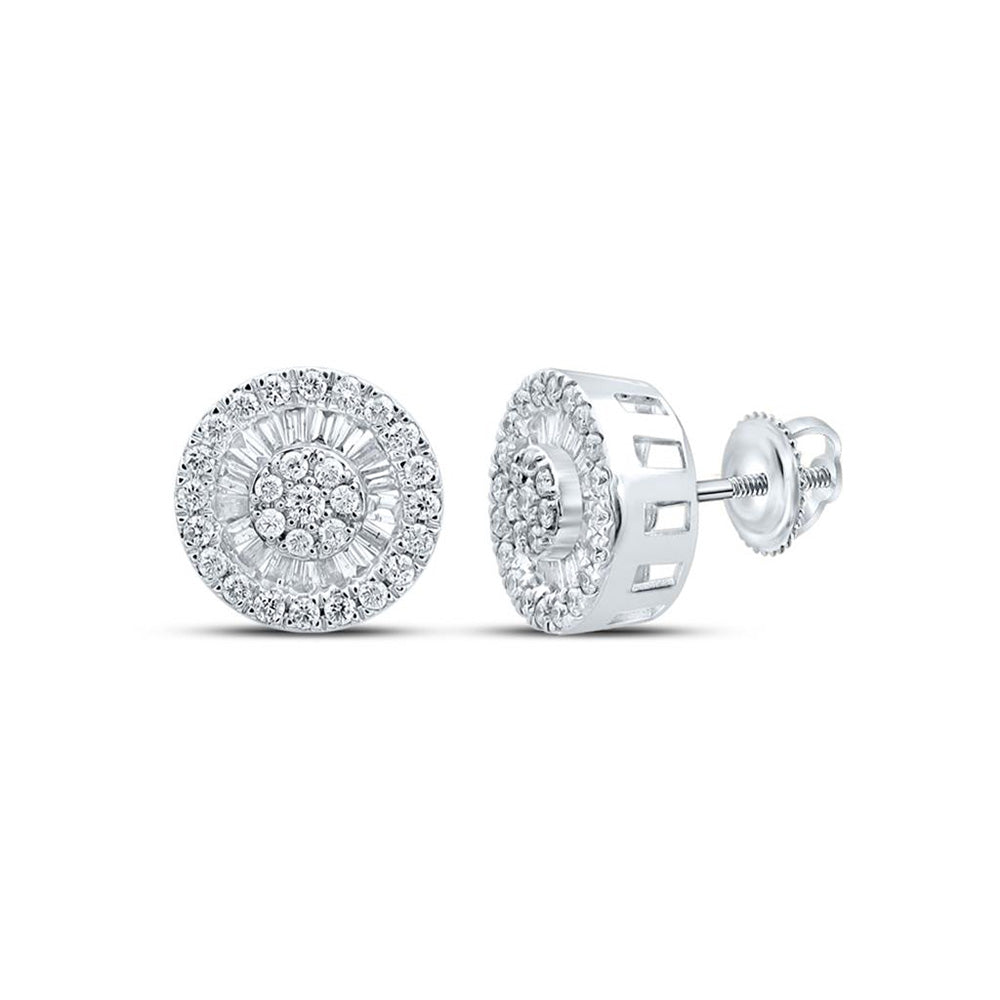 10K White Gold Womens Baguette Diamond Circle Cluster Earrings 1 Cttw