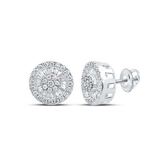 10K White Gold Womens Baguette Diamond Circle Cluster Earrings 1 Cttw