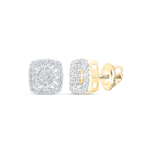 10K Yellow Gold Womens Baguette Diamond Square Cluster Earrings 1 Cttw, Length: 0.36 In, Width: 0.35 In
