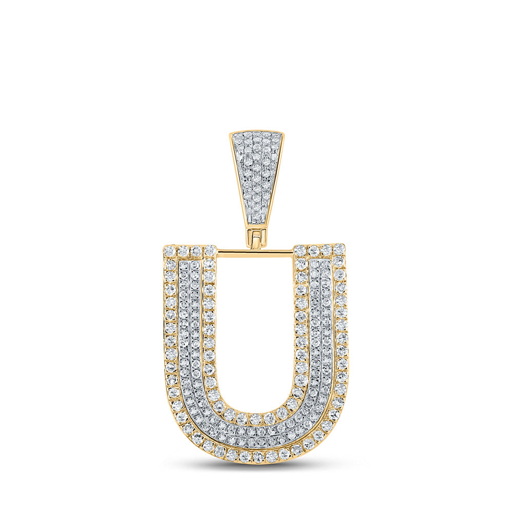 10K Two-tone Gold Mens Round Diamond Initial Letter Charm Pendant