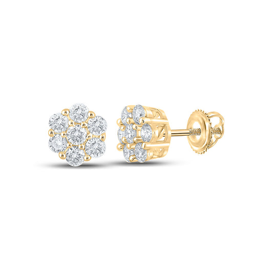10K Yellow Gold Round Diamond Flower Cluster Earrings 1/2 Cttw