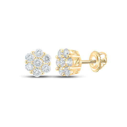10K Yellow Gold Round Diamond Flower Cluster Earrings 3/4 Cttw