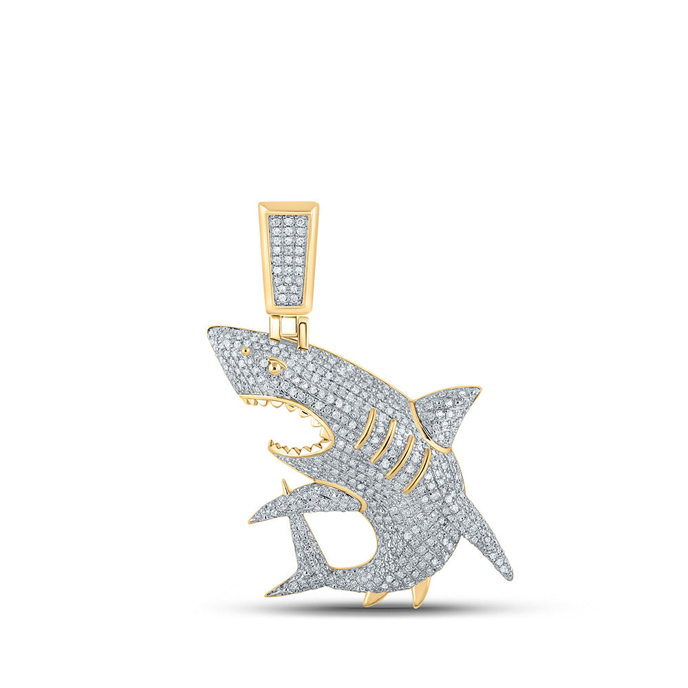 10K Yellow Gold Mens Round Diamond Shark Charm Pendant 1 Cttw, Length: 1.54 In