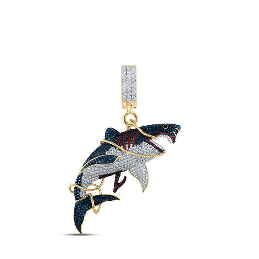 14K Yellow Gold Mens Round Diamond Shark Animal Charm Pendant 1-1/2 Cttw