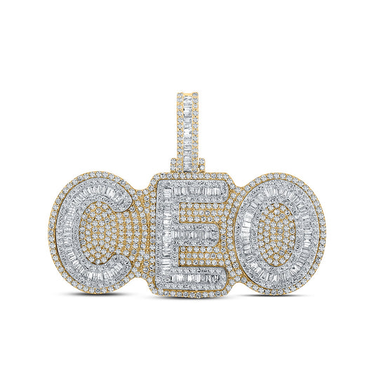 10K Two-tone Gold Mens Baguette Diamond CEO Charm Pendant 5 Cttw, Length: 1.89 In, Width: 2.32 In
