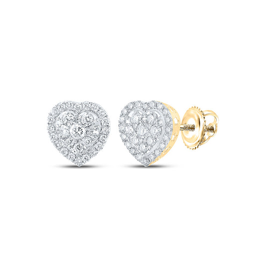 14K Yellow Gold Womens Round Diamond Heart Earrings 3/4 Cttw