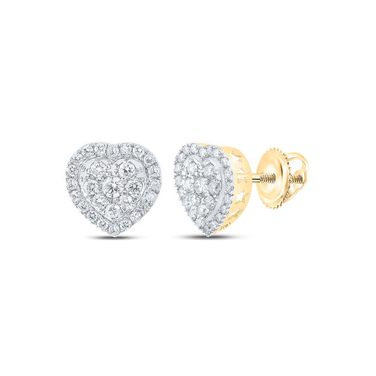 14K Yellow Gold Womens Round Diamond Heart Earrings 1 Cttw
