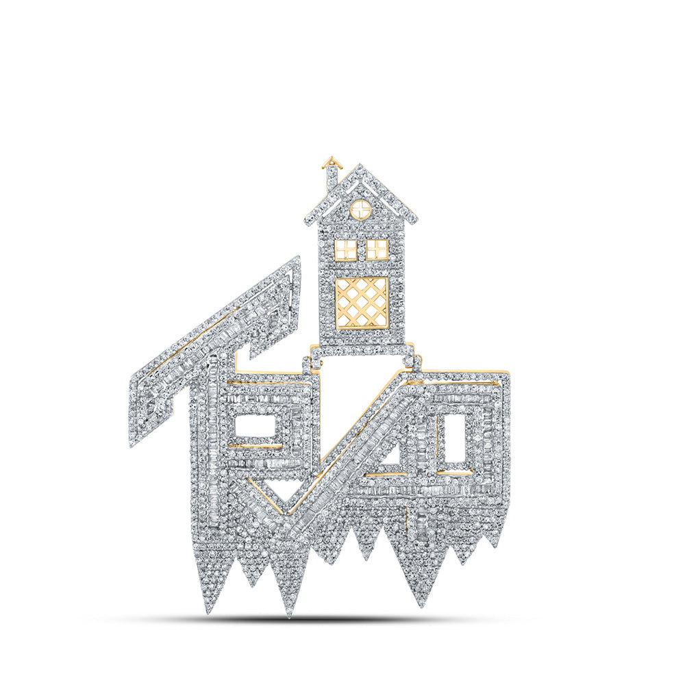 10K Yellow Gold Mens Baguette Diamond Trap House Phrase Charm Pendant 3-1/2 Cttw, Length: 1.86 In, Width: 2.34 In