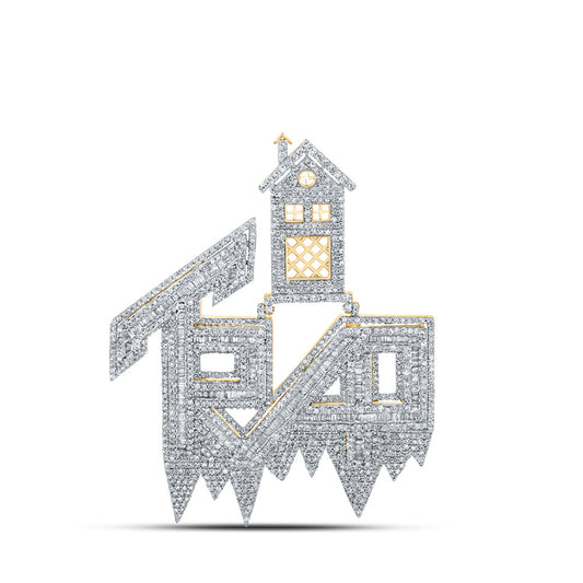 10K Yellow Gold Mens Baguette Diamond Trap House Phrase Charm Pendant 3-1/2 Cttw, Length: 1.86 In, Width: 2.34 In