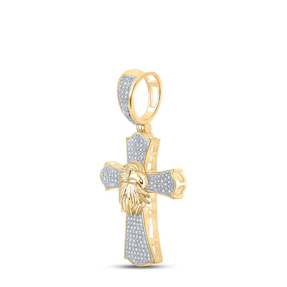 10K Yellow Gold Mens Round Diamond Eagle Cross Charm Pendant 1/2 Cttw