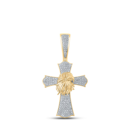 10K Yellow Gold Mens Round Diamond Eagle Cross Charm Pendant 1/2 Cttw