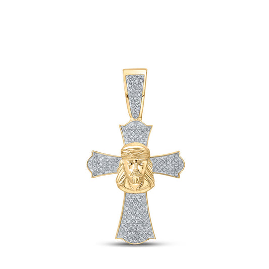 10K Yellow Gold Mens Round Diamond Jesus Cross Charm Pendant 1/2 Cttw