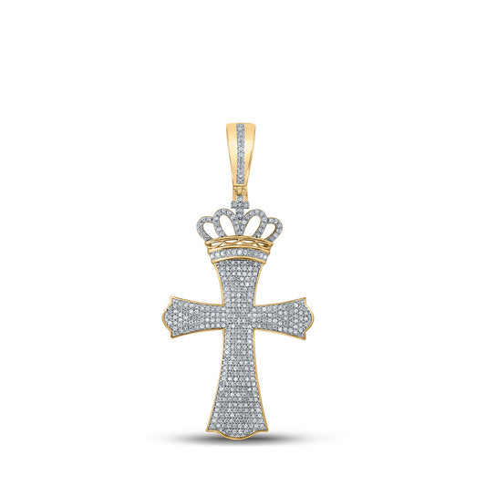 10K Yellow Gold Mens Round Diamond Crown Cross Charm Pendant 1 Cttw