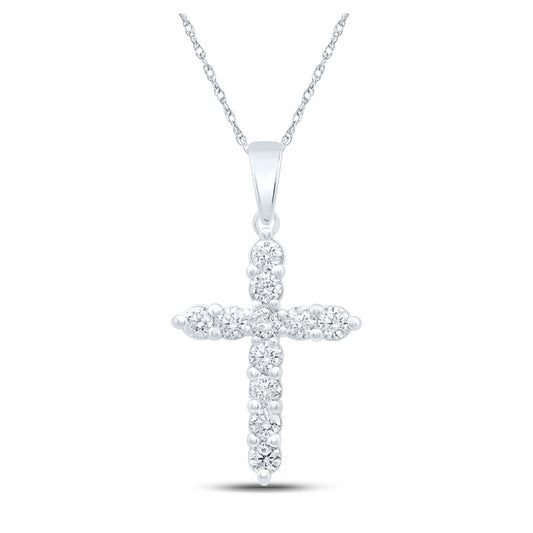 14K White Gold Womens Round Diamond Cross Pendant 1 Cttw
