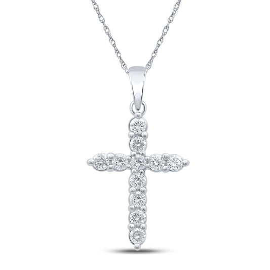 10K White Gold Womens Round Diamond Cross Pendant 1/2 Cttw