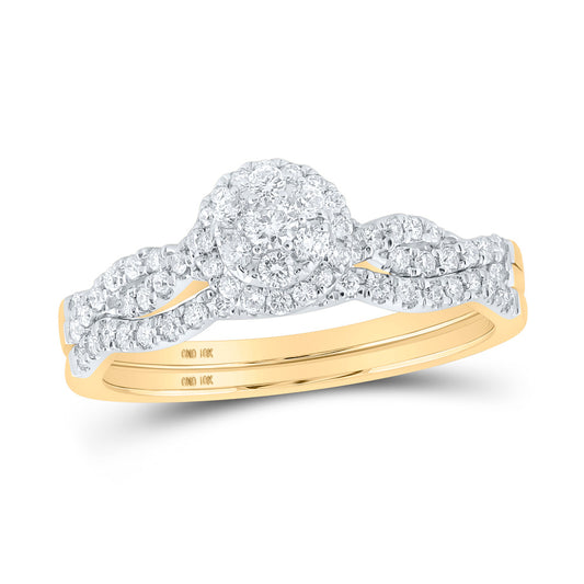 10K Yellow Gold Round Diamond Cluster Bridal Wedding Ring Band Set 1/2 Cttw, Womens Size: 5-10