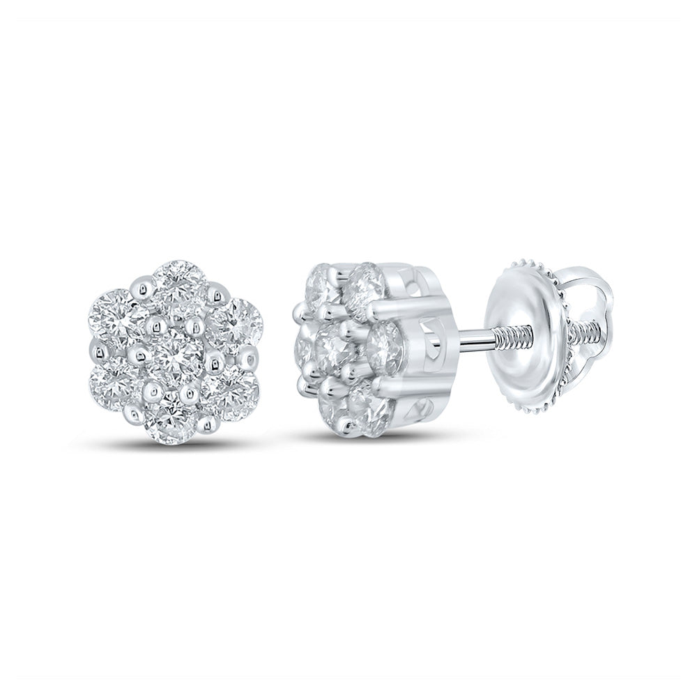 10K White Gold Round Diamond Flower Cluster Earrings 1/4 Cttw