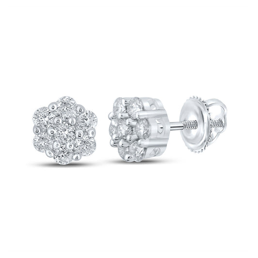 10K White Gold Round Diamond Flower Cluster Earrings 1/4 Cttw