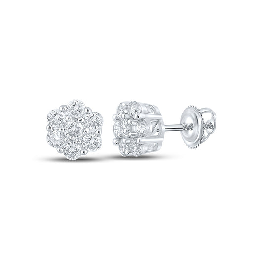 10K White Gold Round Diamond Flower Cluster Earrings 1/2 Cttw