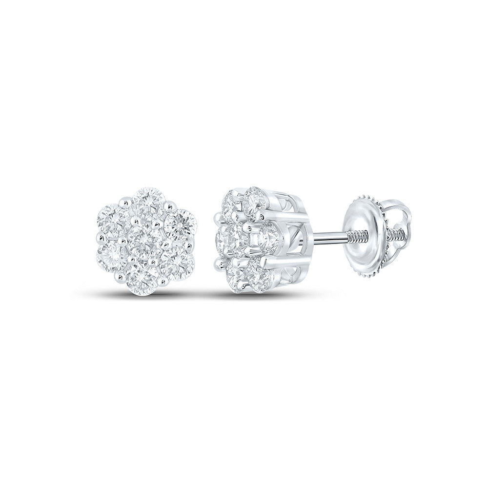 10K White Gold Round Diamond Flower Cluster Earrings 3/4 Cttw