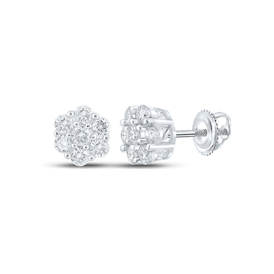 10K White Gold Round Diamond Flower Cluster Earrings 3/4 Cttw