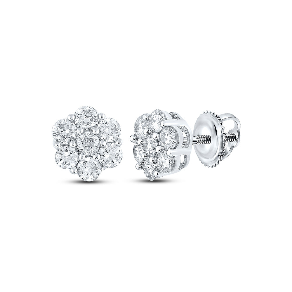 10K White Gold Round Diamond Flower Cluster Earrings 1 Cttw, Length: 0.29 In, Width: 0.25 In
