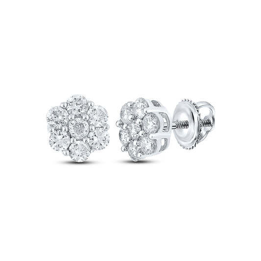 10K White Gold Round Diamond Flower Cluster Earrings 1 Cttw, Length: 0.29 In, Width: 0.25 In