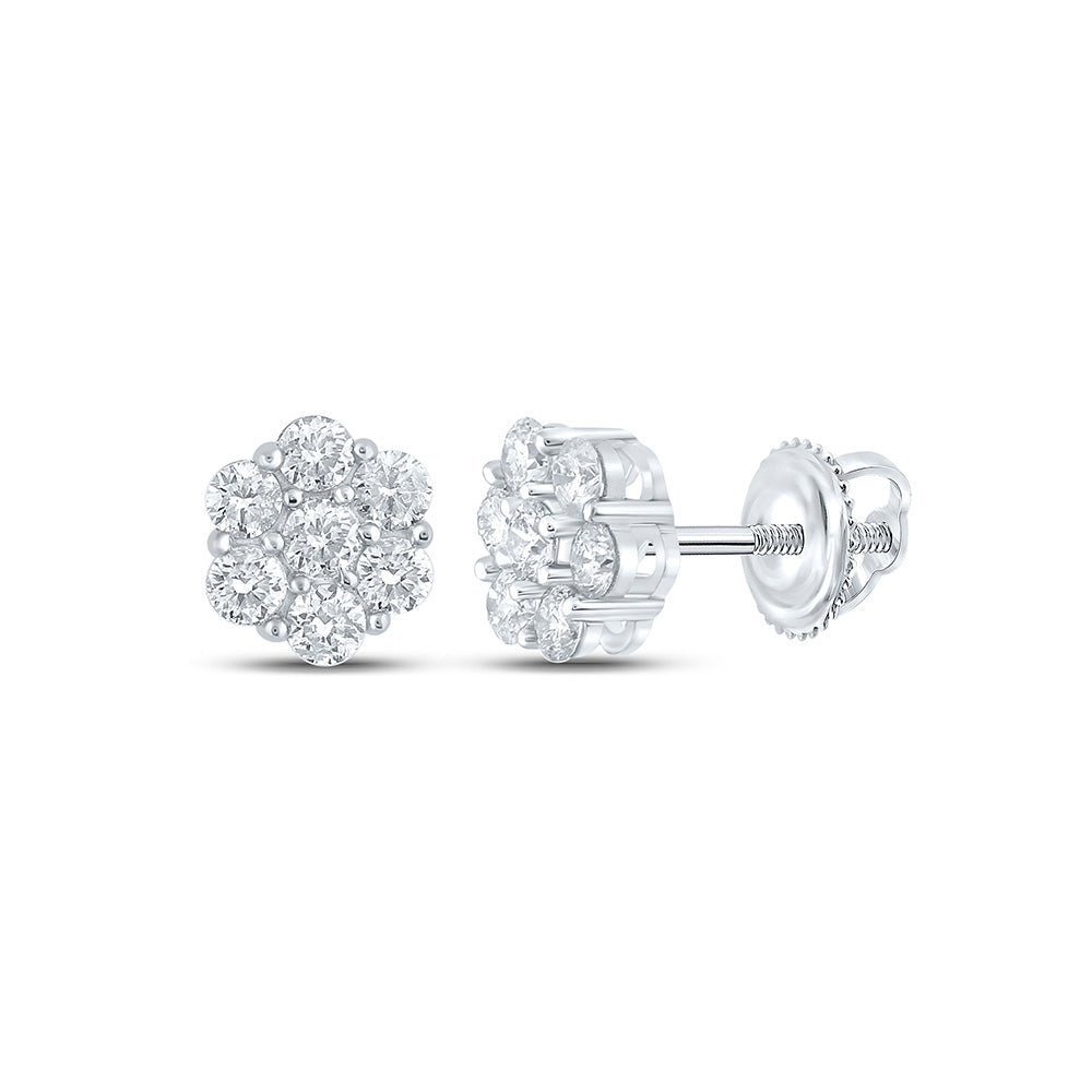 10K White Or Yellow Gold Round Diamond Flower Cluster Earrings